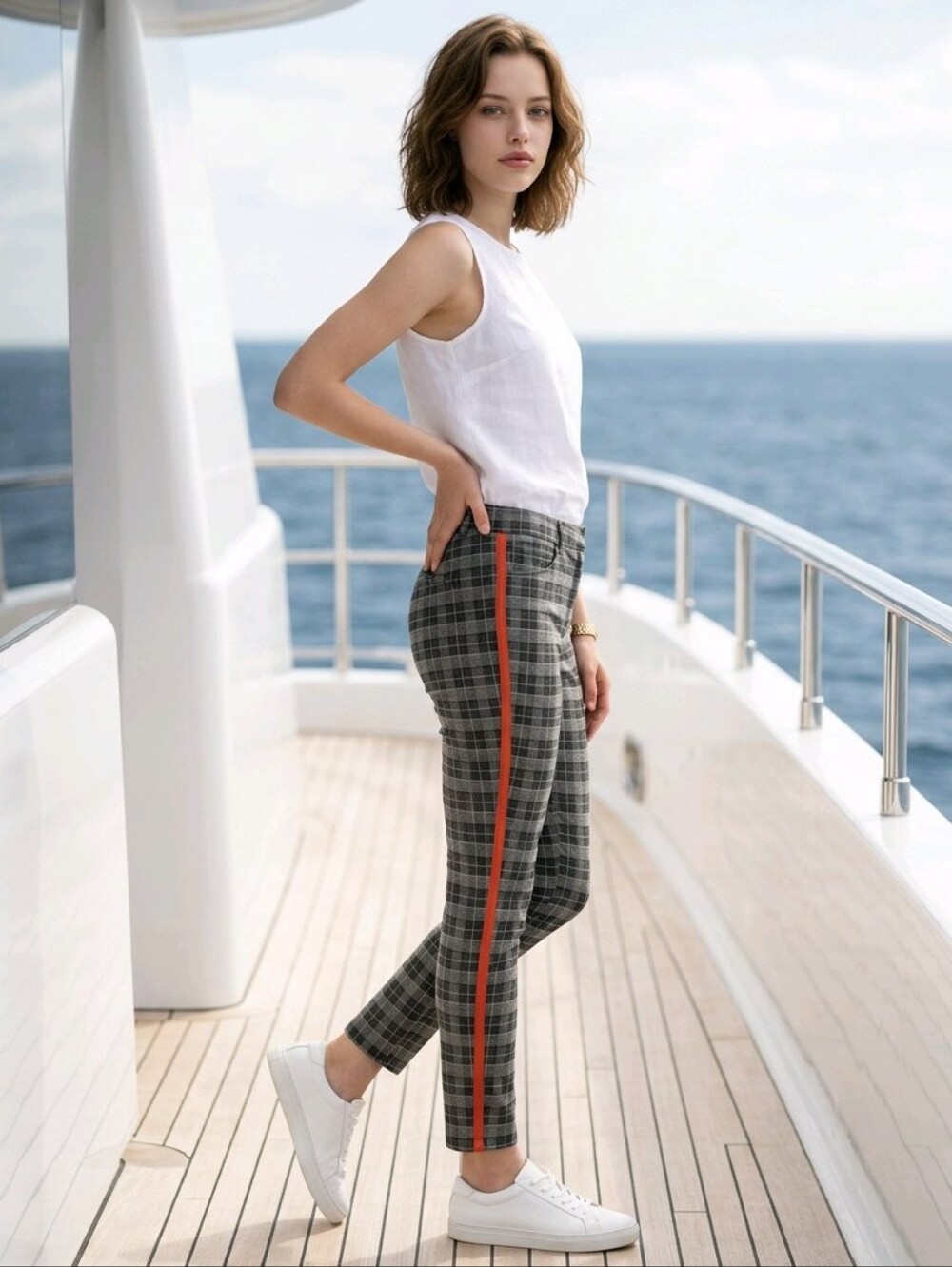 Skinnygirl Plaid Skinny Pants with Red Side Stripes